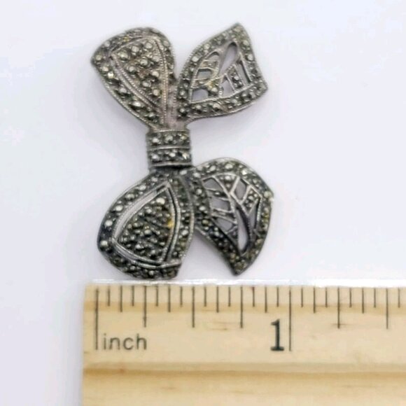 Sterling Silver 925 Brooch Pin Real Marcasite Ribbon Bow Vintage - Picture 5 of 5